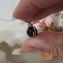 Load image into Gallery viewer, Black Obsidian crystal 8mm bead pendant silver wire wrapped 18mm (chain NOT included)  P200
