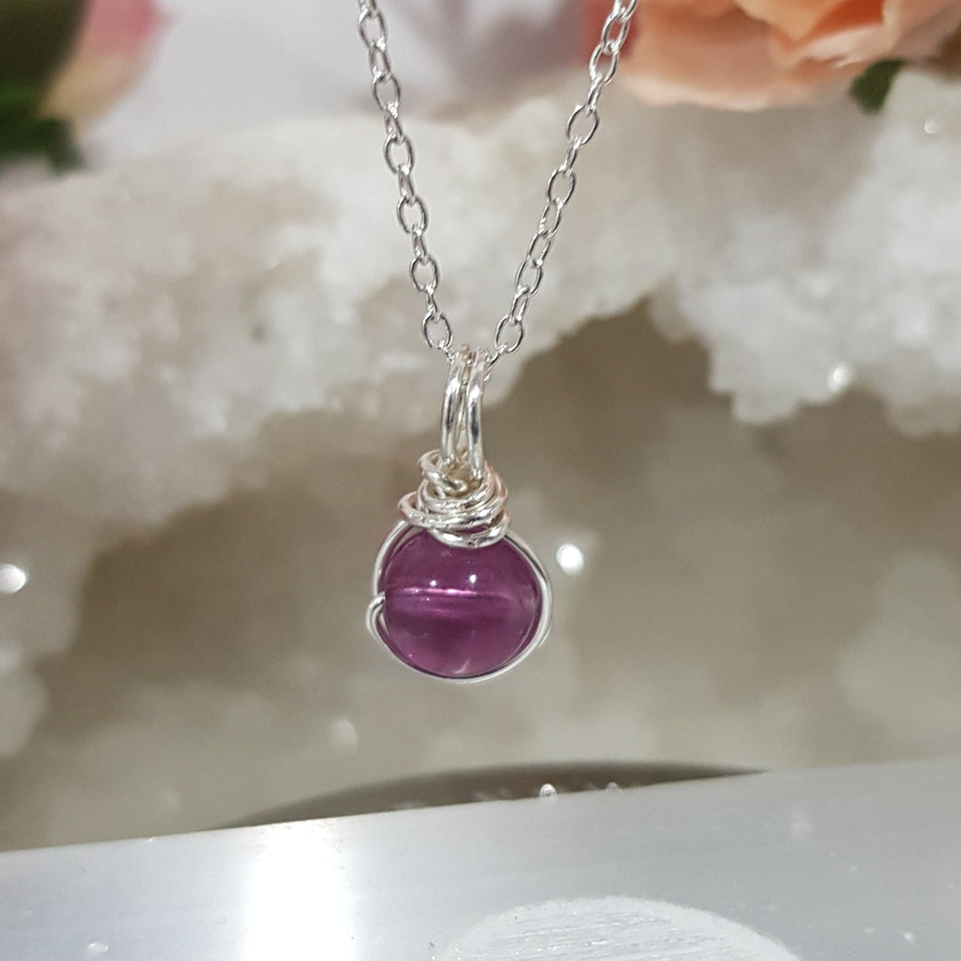 Fluorite pink purple crystal 8mm bead pendant silver wire wrapped 18mm (chain NOT included) P212