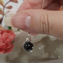 Load image into Gallery viewer, Black Obsidian crystal 8mm bead pendant silver wire wrapped 18mm (chain NOT included)  P217
