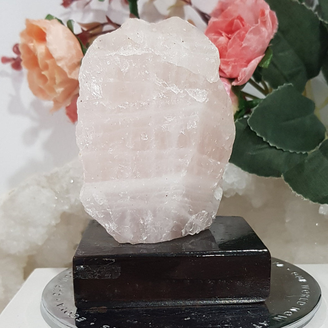 Rose Quartz Rough Crystal stone on wooden stand 90mm 1