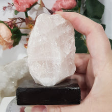 Load image into Gallery viewer, Rose Quartz Rough Crystal stone on wooden stand 90mm 1
