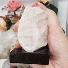 Load image into Gallery viewer, Rose Quartz Rough Crystal stone on wooden stand 90mm 1
