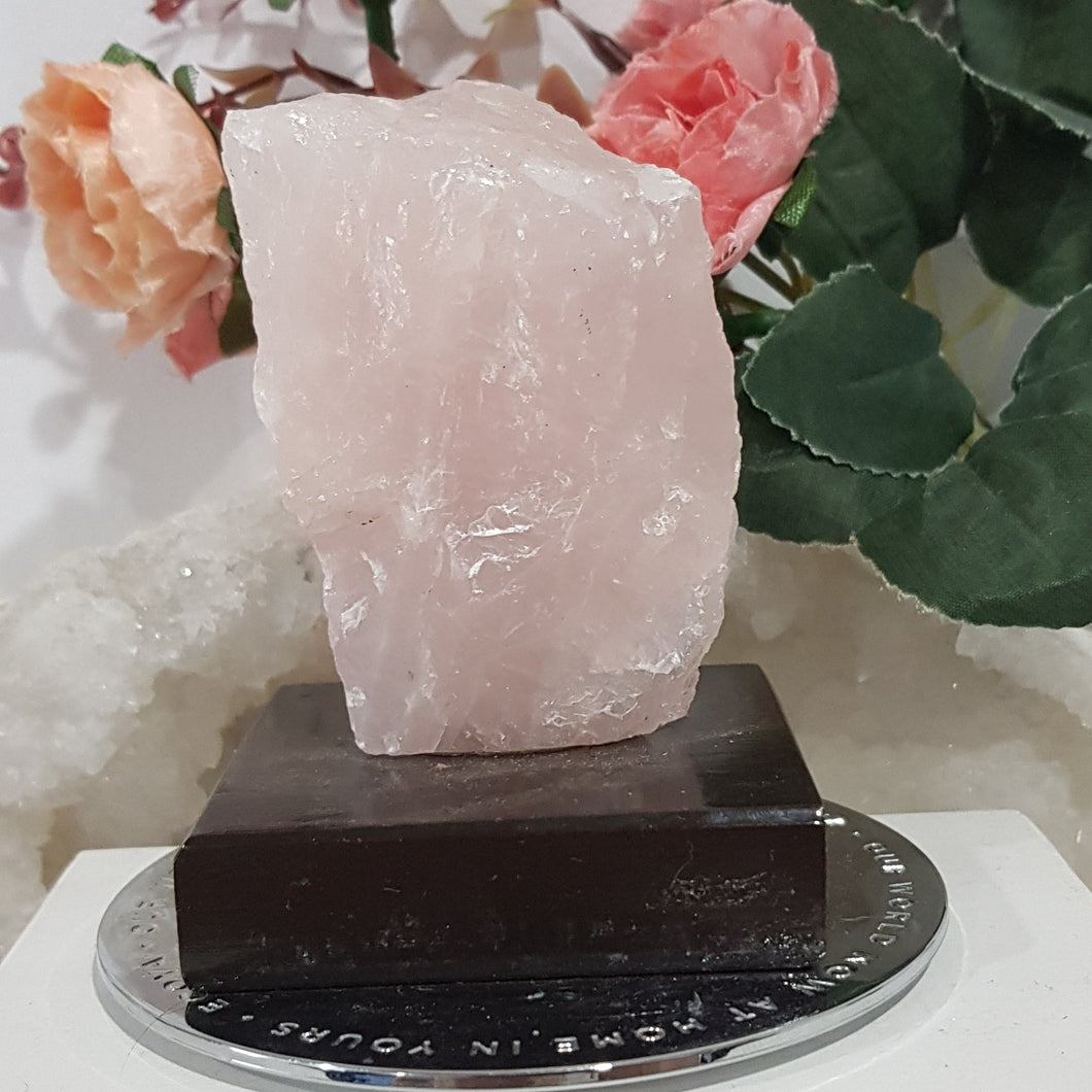 Rose Quartz Rough Crystal stone on wooden stand 90mm 2