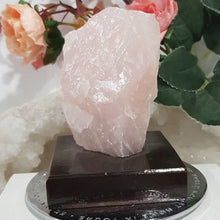 Load image into Gallery viewer, Rose Quartz Rough Crystal stone on wooden stand 90mm 2
