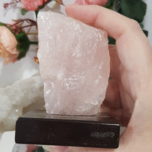 Load image into Gallery viewer, Rose Quartz Rough Crystal stone on wooden stand 90mm 2
