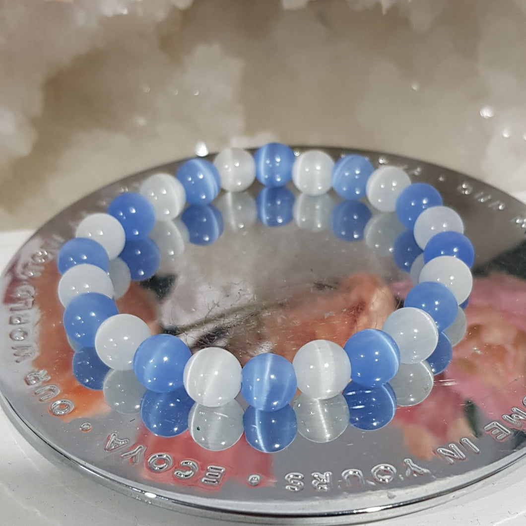 Cats Eye Blue & White Crystal 8mm Beaded Bracelet Gemstone 7.5 inch B32