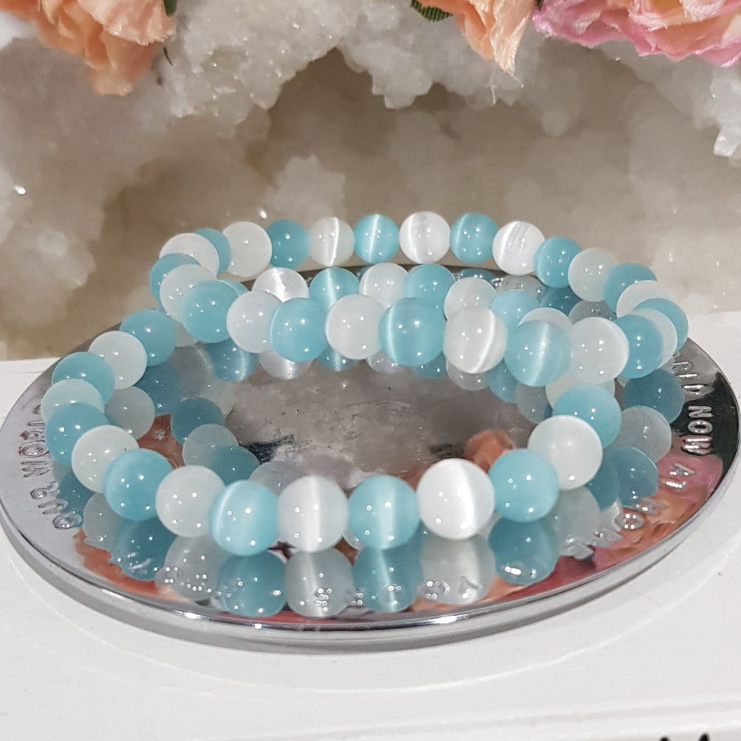 Cats Eye Aqua & white Crystal 8mm Beaded Bracelet Gemstone 8 - 8.5 inch B27