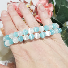 Load image into Gallery viewer, Cats Eye Aqua &amp; white Crystal 8mm Beaded Bracelet Gemstone 8 - 8.5 inch B27
