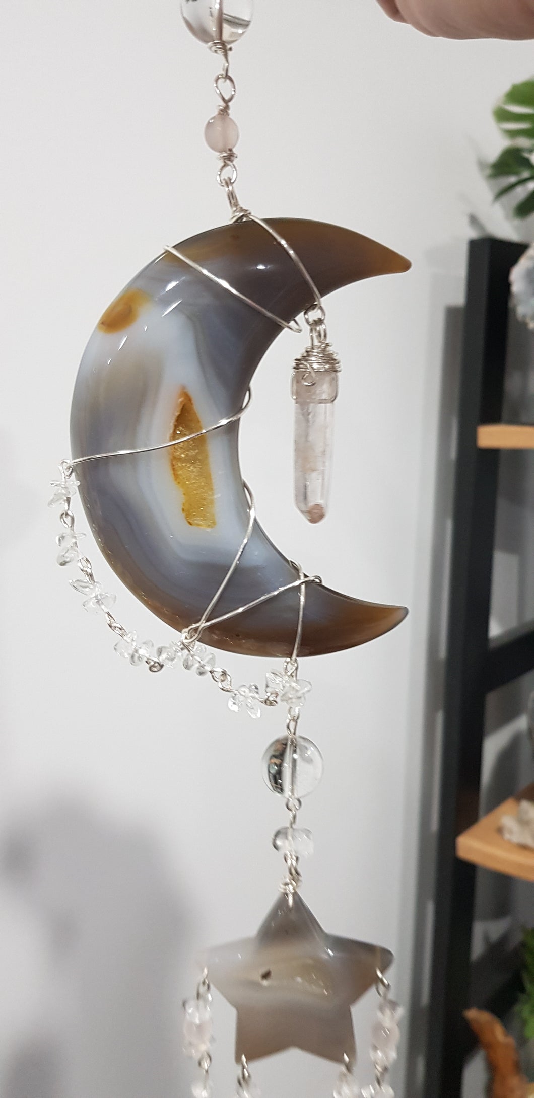 Druzy Agate Crystal Moon & star silver wired Energy Enhancer wall hanger Sun Catcher Ornament 8