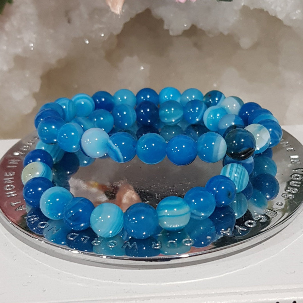 Blue Agate crystal 8mm beaded Bracelet gemstone 7.5 inch stone B45