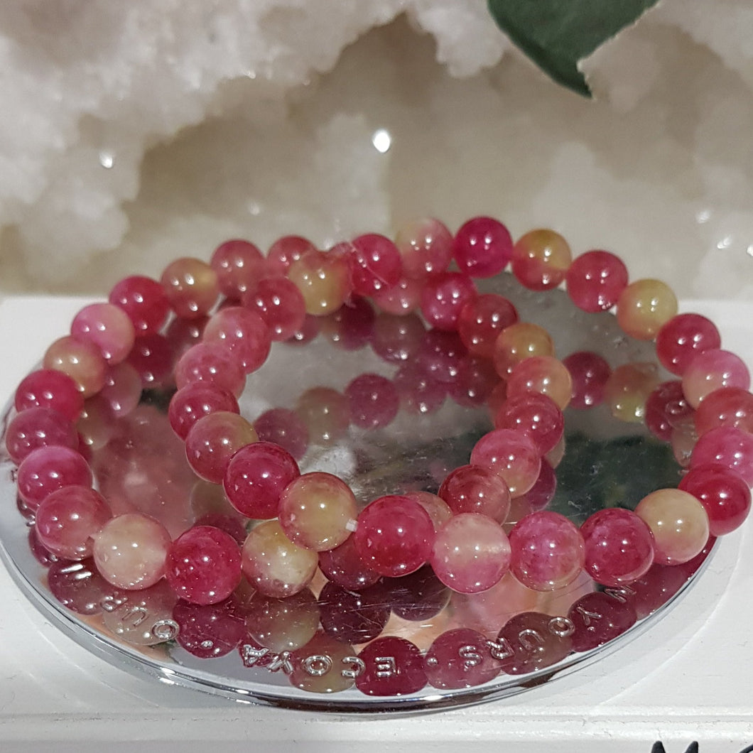Watermelon Tourmaline Crystal 8mm Beaded Bracelet Gemstonecelet 7.5 inch B68