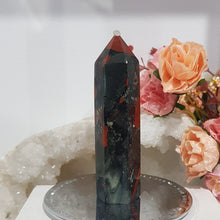 Load image into Gallery viewer, African Bloodstone Crystal Point Tower gemstone 100mm 5 pyrite inclusions
