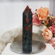 Load image into Gallery viewer, African Bloodstone Crystal Point Tower gemstone 100mm 5 pyrite inclusions
