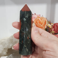 Load image into Gallery viewer, African Bloodstone Crystal Point Tower gemstone 100mm 5 pyrite inclusions
