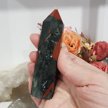 Load image into Gallery viewer, African Bloodstone Crystal Point Tower gemstone 100mm 5 pyrite inclusions
