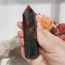 Load image into Gallery viewer, African Bloodstone Crystal Point Tower gemstone 100mm 5 pyrite inclusions
