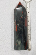 Load image into Gallery viewer, African Bloodstone Crystal Point Tower gemstone 100mm 5 pyrite inclusions
