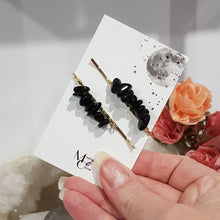 Load image into Gallery viewer, Hair Clip Set Crystal Chips Black Obsidian Gemstone Jewellery 55mm
