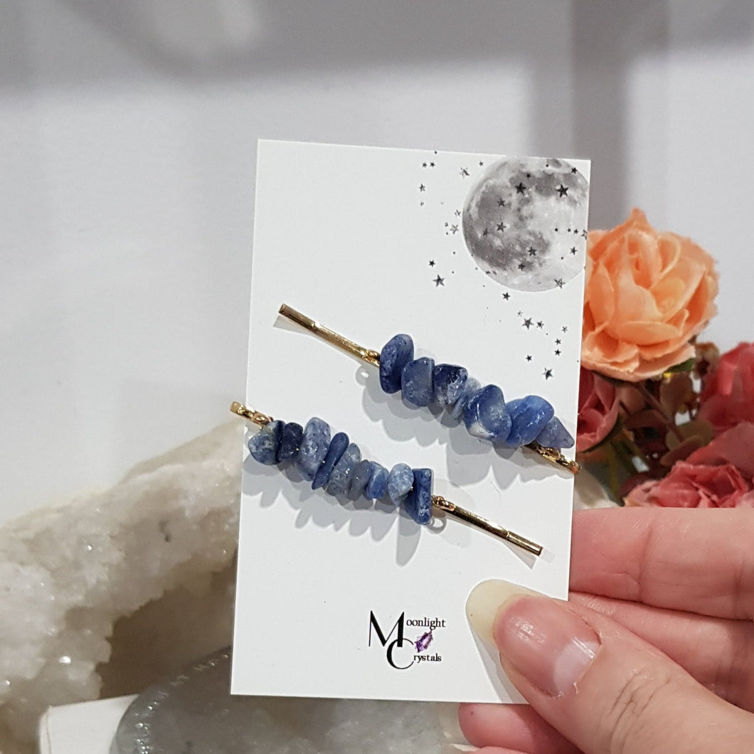 Hair Clip Set Crystal Chips Sodalite Gemstone Jewellery 55mm