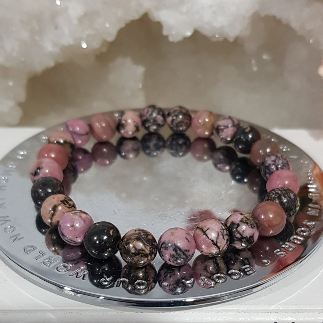 Rhodonite Crystal Bracelet 8mm gemstone beaded Bracelet 7.5 inch B92