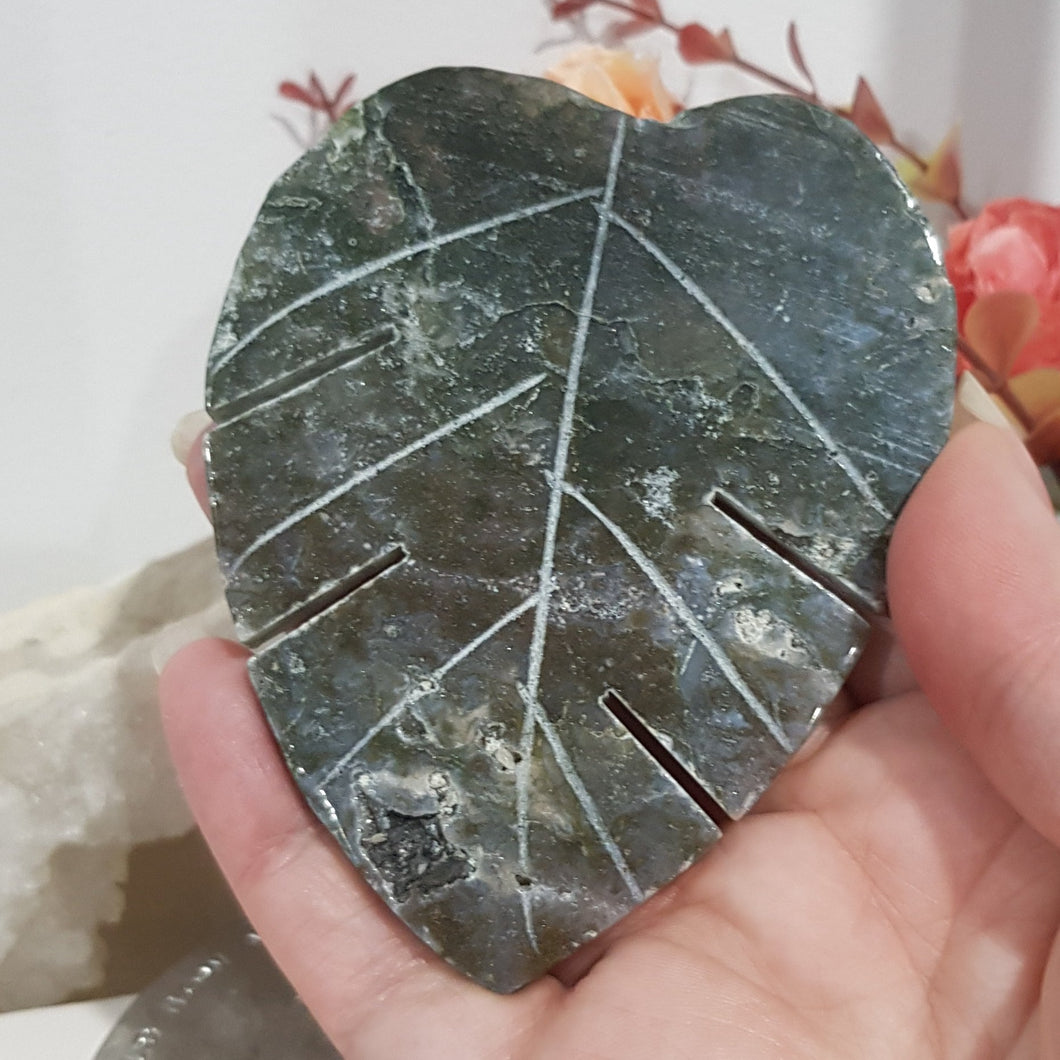 Leaf Crystal Carving Green Moss Agate gemstone stone 90mm 3