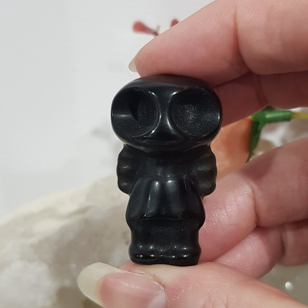 Skeleton with Wings Black Obsidian Crystal Carving Gemstone 40mm HALLOWEEN Tim Burton Style