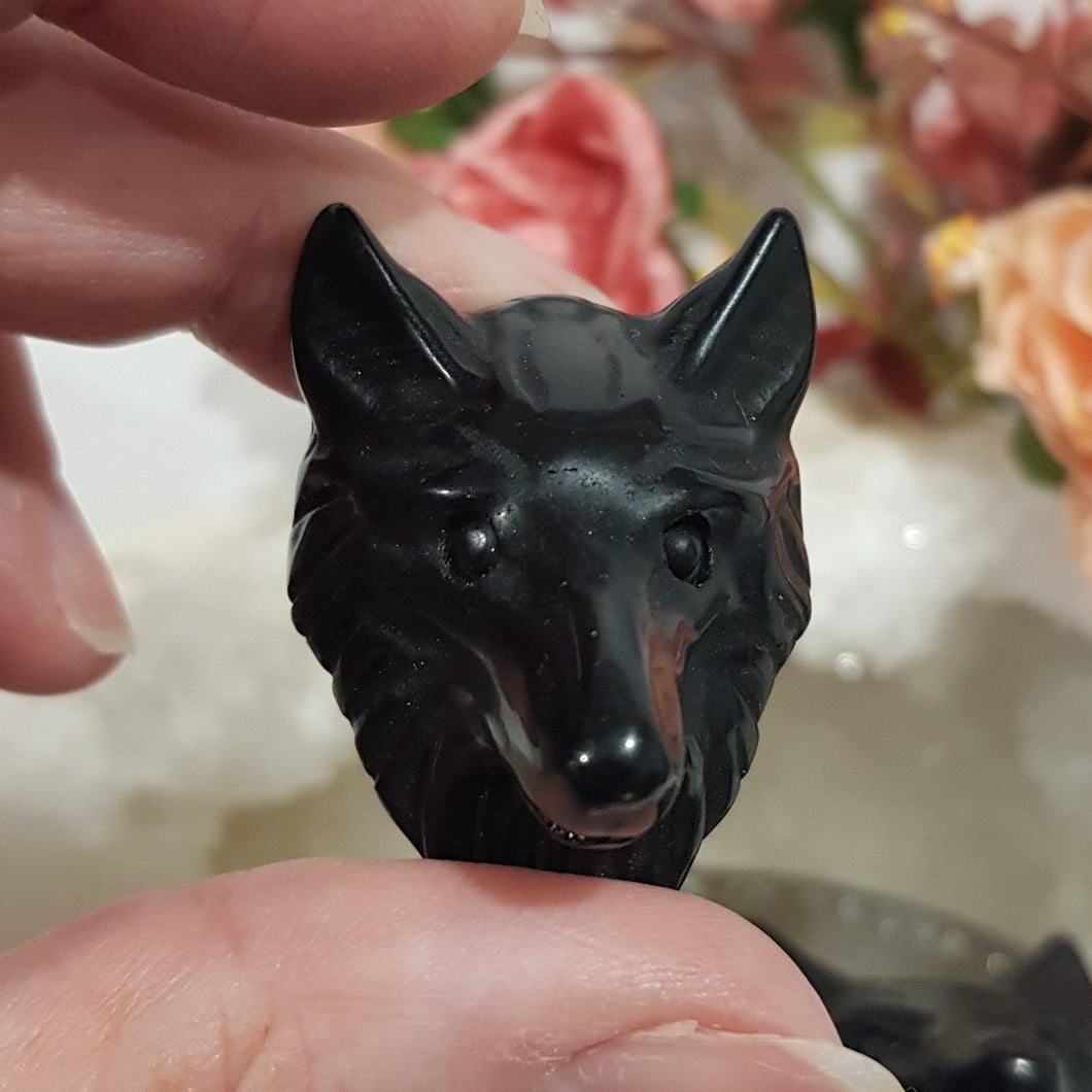 Wolf Head Black Obsidian Crystal Carving 40mm HALLOWEEN