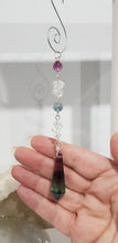 Load image into Gallery viewer, Fluorite Crystal Point Drop Silver Wired Energy Enhancer Sun Catcher Ornament 8
