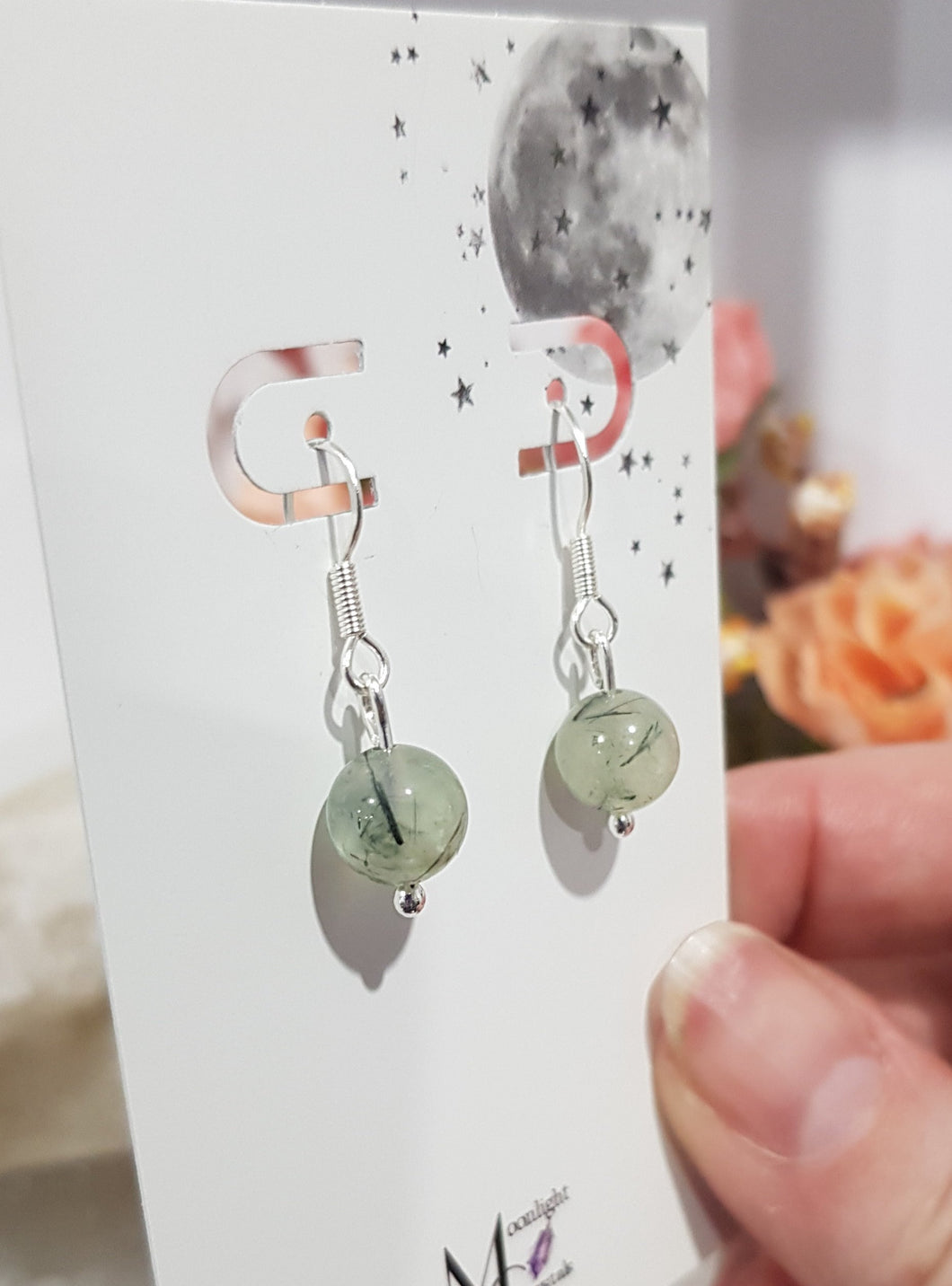 Prehnite Crystal Beaded 8mm Silver Earrings Gemstone E37