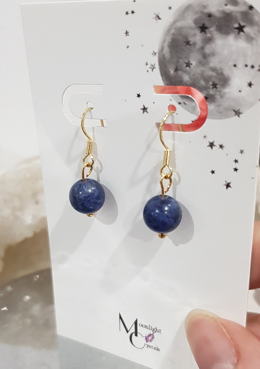 Sodalite Crystal Beaded 8mm Gold Earrings Gemstone E44