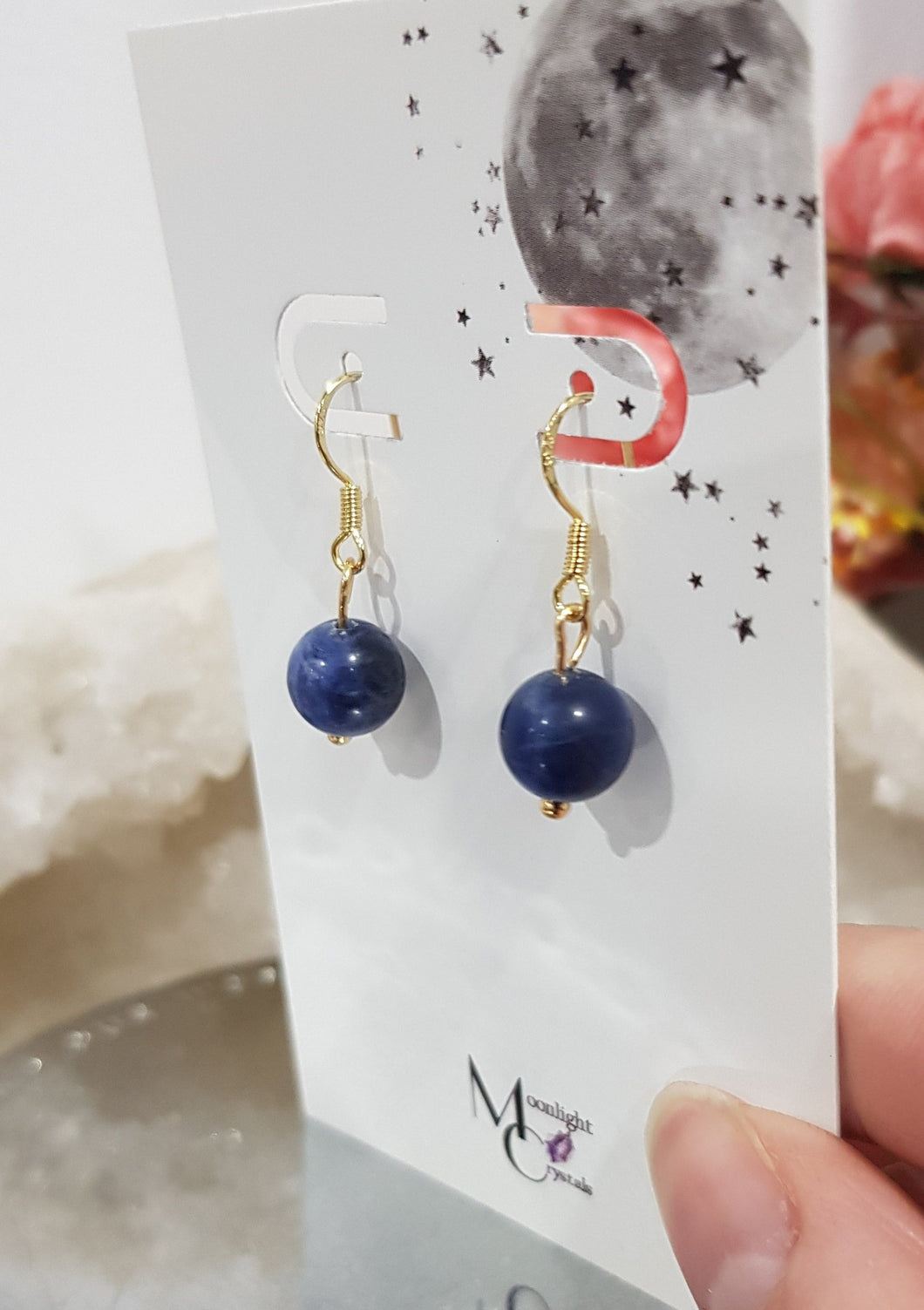 Sodalite Crystal Beaded 8mm Gold Earrings Gemstone E47