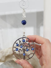 Load image into Gallery viewer, PROTECTION &amp; LOVE - Evil Eye Crystal Lapis Lazuli Tree of Life Silver Energy Enhancer / Hanger / Sun Catcher Hanger 170mm EE64
