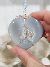 Load image into Gallery viewer, BALANCE / SELF ESTEEM / HARMONY - Heart Druzy Agate Crystal Carving Silver Wired Stone Energy Enhancer / Hanger /  Sun Catcher 185mm EE32
