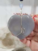 Load image into Gallery viewer, BALANCE / SELF ESTEEM / HARMONY - Heart Druzy Agate Crystal Carving Silver Wired Stone Energy Enhancer / Hanger /  Sun Catcher 185mm EE32
