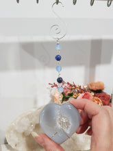 Load image into Gallery viewer, BALANCE / SELF ESTEEM / HARMONY - Heart Druzy Agate Crystal Carving Silver Wired Stone Energy Enhancer / Hanger /  Sun Catcher 185mm EE32
