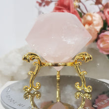 Load image into Gallery viewer, Diamond Rose Quartz Crystal Carving on Gold Stand Gemstone Stone 50mm 2
