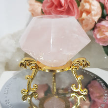 Load image into Gallery viewer, Diamond Rose Quartz Crystal Carving on Gold Stand Gemstone Stone 50mm 2
