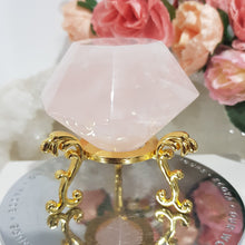 Load image into Gallery viewer, Diamond Rose Quartz Crystal Carving on Gold Stand Gemstone Stone 50mm 2
