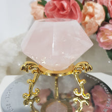 Load image into Gallery viewer, Diamond Rose Quartz Crystal Carving on Gold Stand Gemstone Stone 50mm 2
