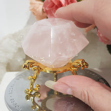 Load image into Gallery viewer, Diamond Rose Quartz Crystal Carving on Gold Stand Gemstone Stone 50mm 2
