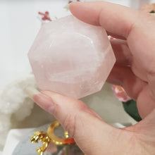 Load image into Gallery viewer, Diamond Rose Quartz Crystal Carving on Gold Stand Gemstone Stone 50mm 2
