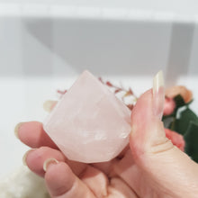 Load image into Gallery viewer, Diamond Rose Quartz Crystal Carving on Gold Stand Gemstone Stone 50mm 2
