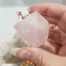 Load image into Gallery viewer, Diamond Rose Quartz Crystal Carving on Gold Stand Gemstone Stone 50mm 2
