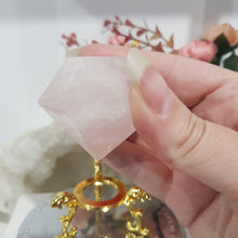 Load image into Gallery viewer, Diamond Rose Quartz Crystal Carving on Gold Stand Gemstone Stone 50mm 2
