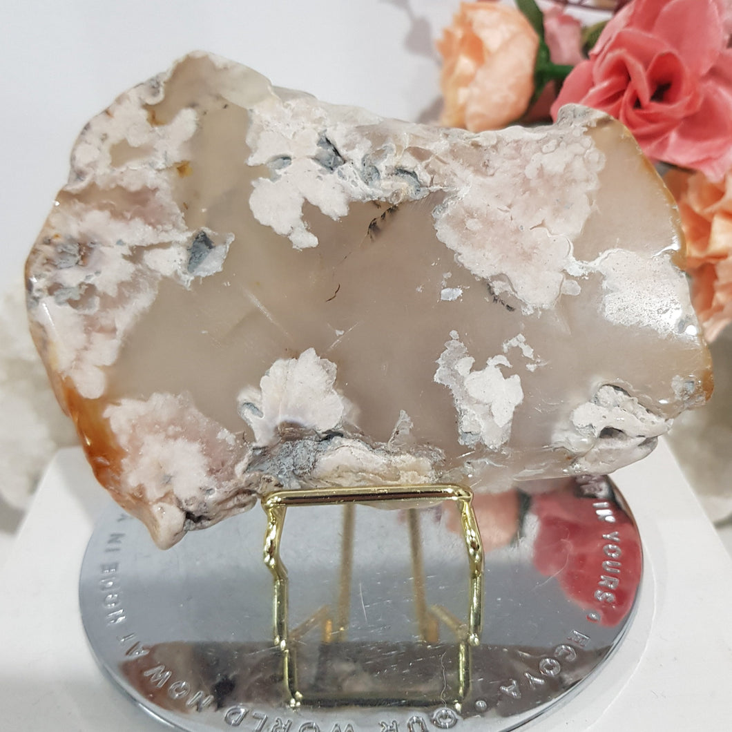 Flower Agate Crystal Slab on Gold Stand 100mm 1 Beautiful!