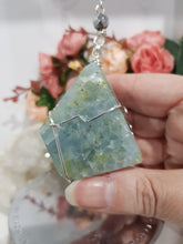 Load image into Gallery viewer, TRUST, SPIRITUAL AWARENESS &amp; PROTECTION Aquamarine Freeform Crystal silver Energy Enhancer / Sun Catcher / Hanger / Ornament Stone 195mm 2
