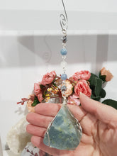 Load image into Gallery viewer, TRUST, SPIRITUAL AWARENESS &amp; PROTECTION Aquamarine Freeform Crystal silver Energy Enhancer / Sun Catcher / Hanger / Ornament Stone 195mm 2
