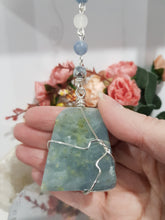 Load image into Gallery viewer, TRUST, SPIRITUAL AWARENESS &amp; PROTECTION Aquamarine Freeform Crystal silver Energy Enhancer / Sun Catcher / Hanger / Ornament Stone 195mm 2
