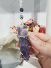 Load image into Gallery viewer, INTUITION / SPIRITUAL AWARENESS / PROTECTION Amethyst Chevron Crystal Point Silver Energy Enhancer / Sun Catcher / Hanger 190mm 7
