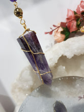 Load image into Gallery viewer, INTUITION / SPIRITUAL AWARENESS / PROTECTION Amethyst Chevron Crystal Point Gold Energy Enhancer / Sun Catcher / Hanger 205mm 9
